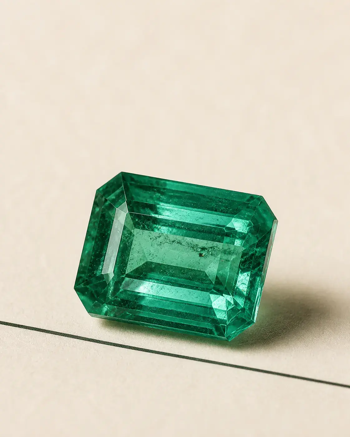 Editorial study of an included emerald-cut green gemstone