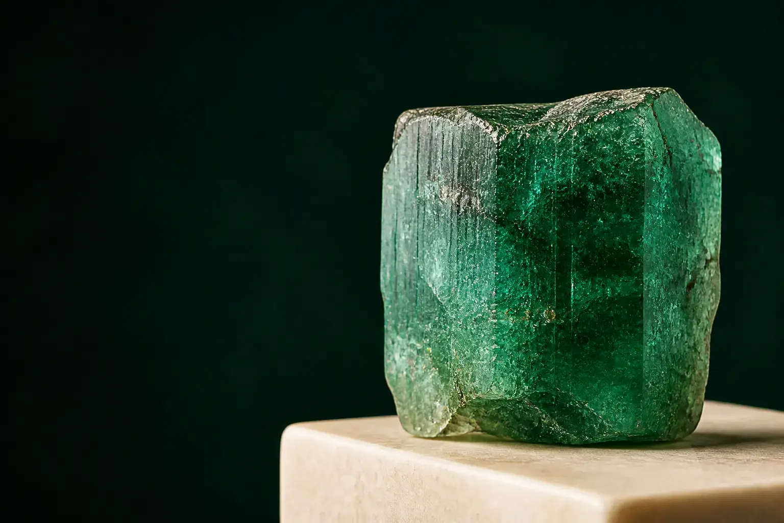 Natural rough emerald crystal showing a rich green core and paler edges